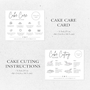 cake care card, instant download, cake cutting guide, care instructions, small business, cake cutting set, canva template, bakery care card, cake care guide, cake portion guide, cake business, thank you cards, editable template