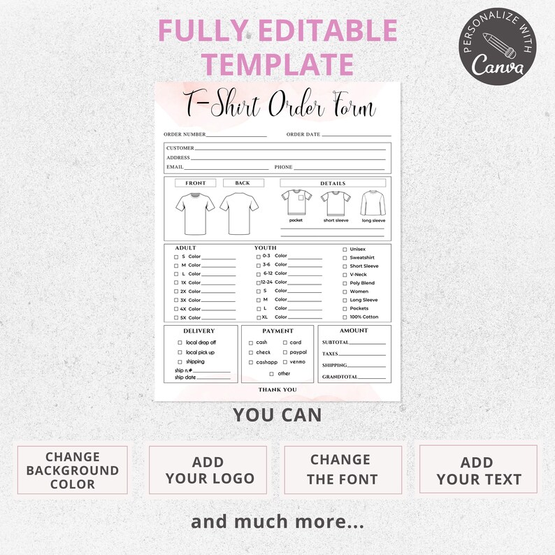 Editable T-shirt Order Form Template | Shirt Order Form | Printable ...