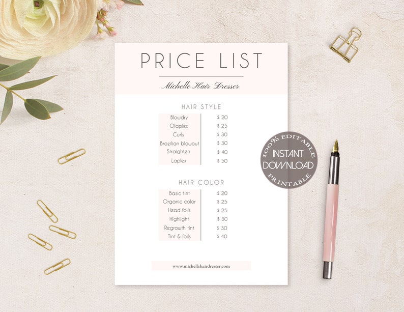 PRICE LIST Printable Template Hair Salon Price Sheet Small | Etsy