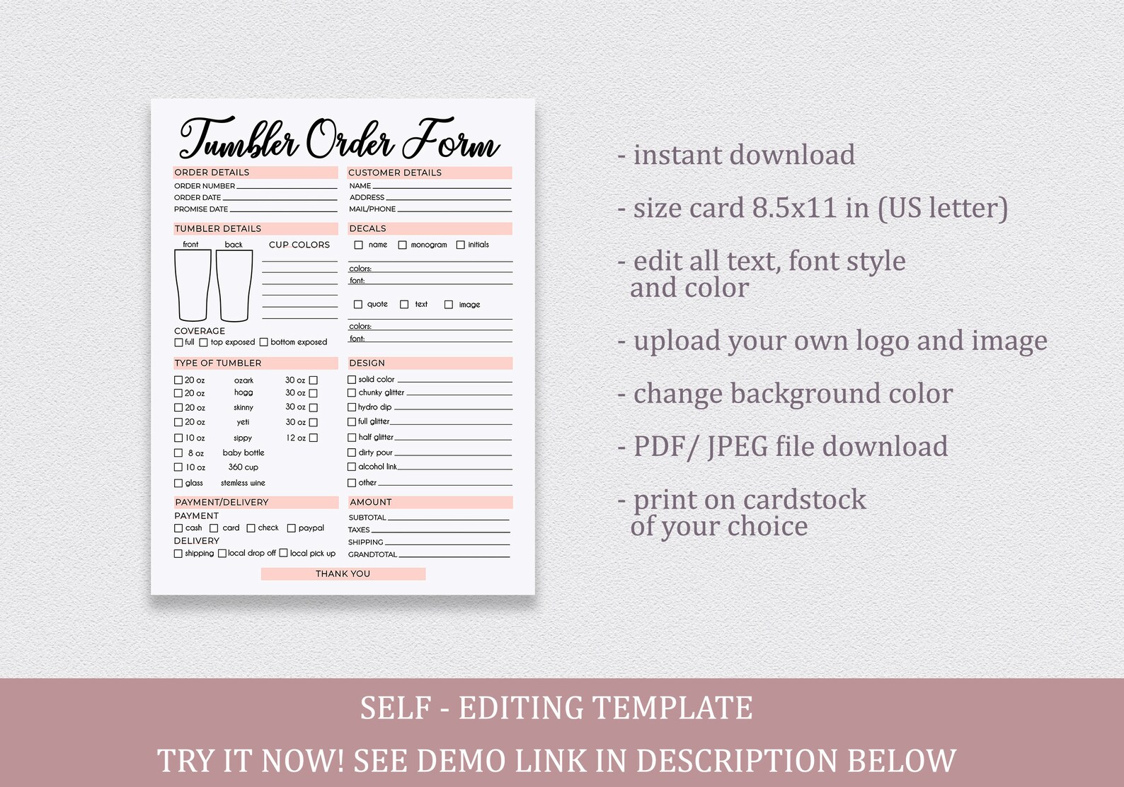 Tumbler order form editable template craft business invoice etsy canada