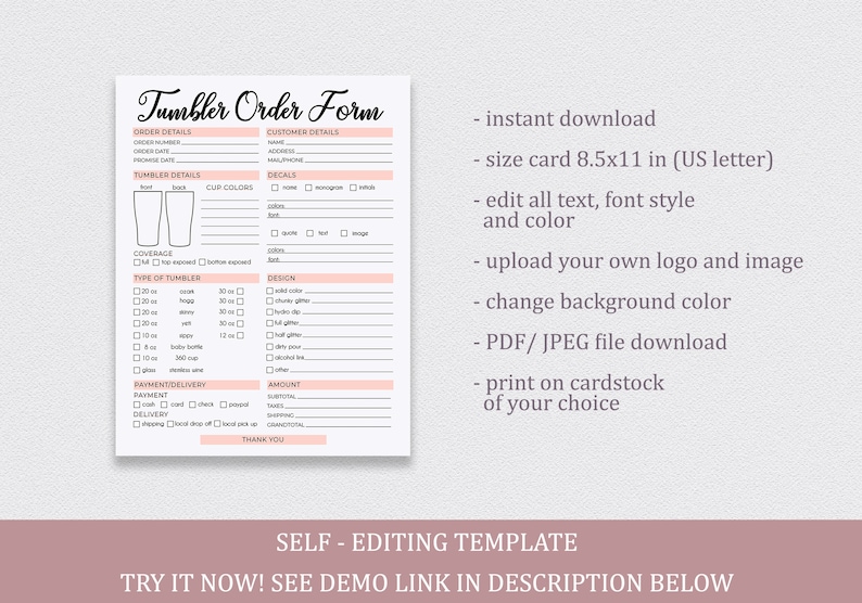 tumbler order form editable template craft business