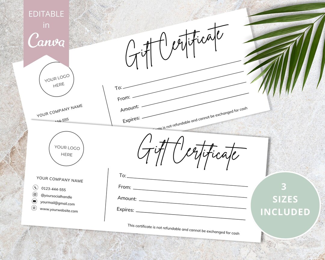 Editable Gift Certificate, Canva Template, Small Business Gift Cards ...