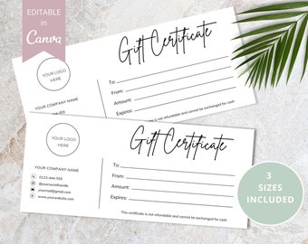 Editable Gift Certificate, Canva Template,  Small Business Gift Cards, Printable Gift Card, Add Your Logo Business Templates.