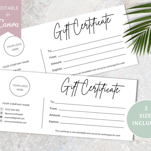 Editable Gift Certificate, Canva Template,  Small Business Gift Cards, Printable Gift Card, Add Your Logo Business Templates.