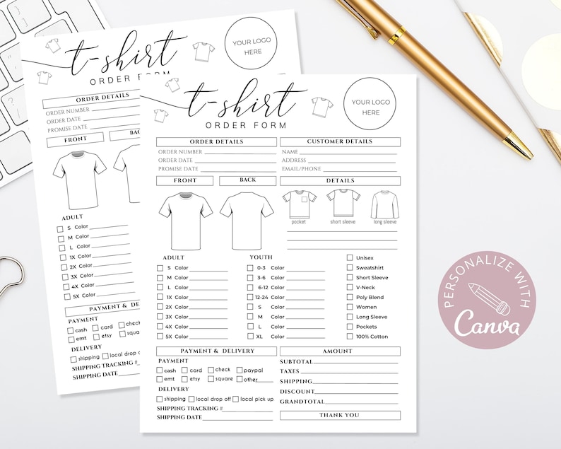 May include: Two black and white t-shirt order forms with the text "t-shirt ORDER FORM". The forms include sections for order details, customer details, and shirt specifications. A gold pen and a keyboard are in the background.