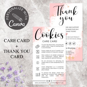 Puede incluir: Tarjeta de cuidado de galletas y tarjeta de agradecimiento rosas y blancas. La tarjeta de cuidado incluye instrucciones para el almacenamiento de galletas. La tarjeta de agradecimiento tiene una fuente manuscrita y detalles dorados. Personalizable con Canva.