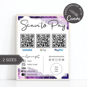 Bearbeitbare Scan-to-Pay-Karte, bearbeitbare Canva-Vorlage, QR-Code-Zeichenvorlage, CashApp PayPal-Zeichen für kleine Unternehmen, Venmo-Zahlung druckbar.