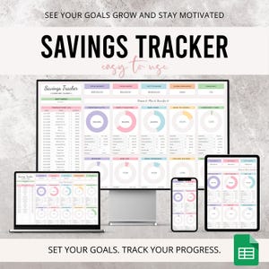 Könnte beinhalten: Ein digitaler Spar-Tracker, der auf einem Laptop, einem Desktop-Monitor, einem Tablet und einem Smartphone angezeigt wird. Der Text "SAVINGS TRACKER" ist deutlich sichtbar, zusammen mit den Sätzen "easy to use" und "Set your goals. Track your progress."