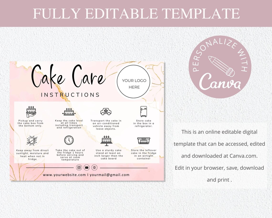 Editable Cake Care Card Canva Template for Small Business Printable ...