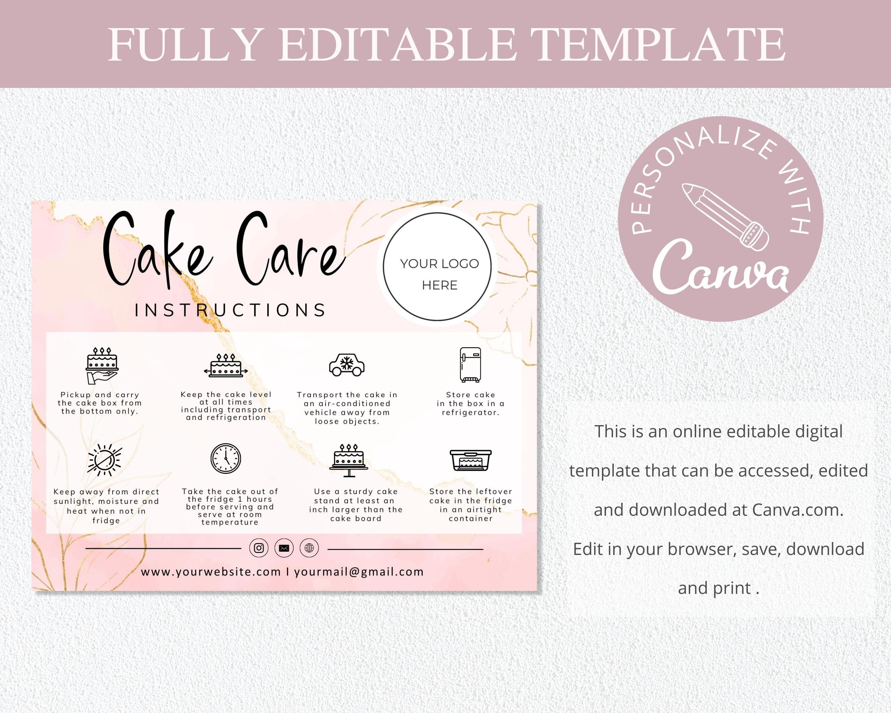 Editable Cake Care Card Canva Template for Small Business Printable ...