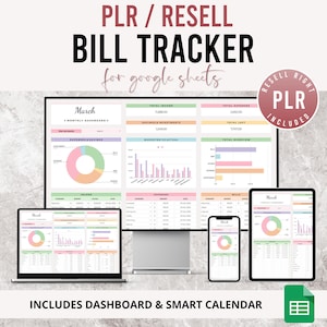 Puede incluir: Un rastreador de facturas digital para Google Sheets, que se muestra en un monitor de escritorio, una computadora portátil, una tableta y un teléfono inteligente. El diseño incluye gráficos con el texto "PLR / RESELL BILL TRACKER for google sheets". También incluye el texto "INCLUDES DASHBOARD & SMART CALENDAR".