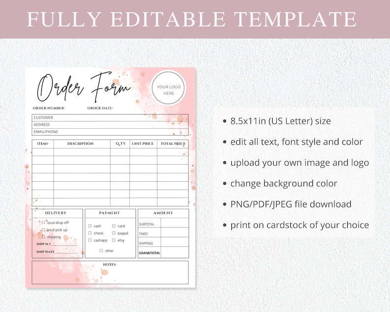 Editable Canva Template for Small Business Order Form | Printable Craft ...
