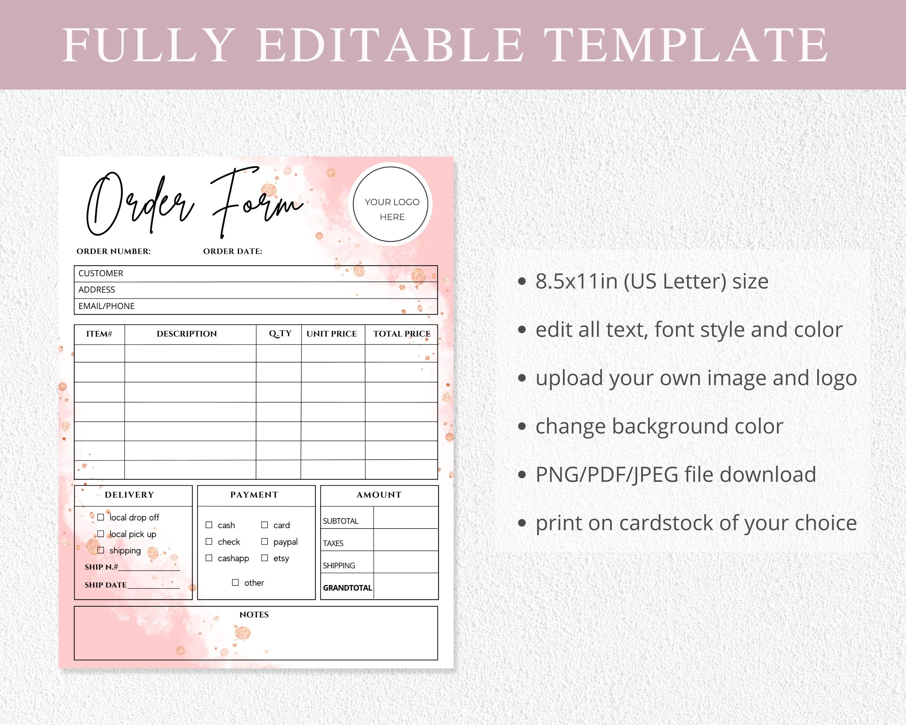Editable Canva Template for Small Business Order Form | Printable Craft ...