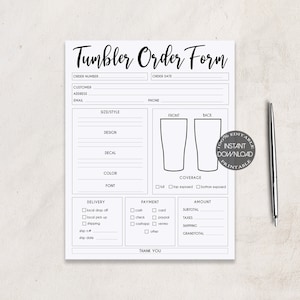Modulo d'ordine Tumbler Modello modificabile al 100% / Modulo Tumbler per negozio Etsy stampabile / Modelli per attività artigianali / Moduli per piccole imprese / Dtp-004