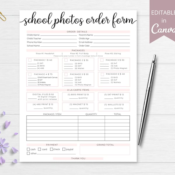 School Photography Order Form Template | Preschool Photos Printable Order Forms | 100% Editable Invoice Template Receipt | DTP-004