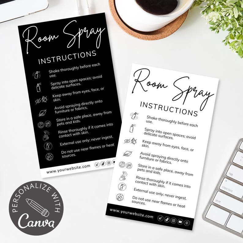room spray diffuser, care card, canva template, care instructions