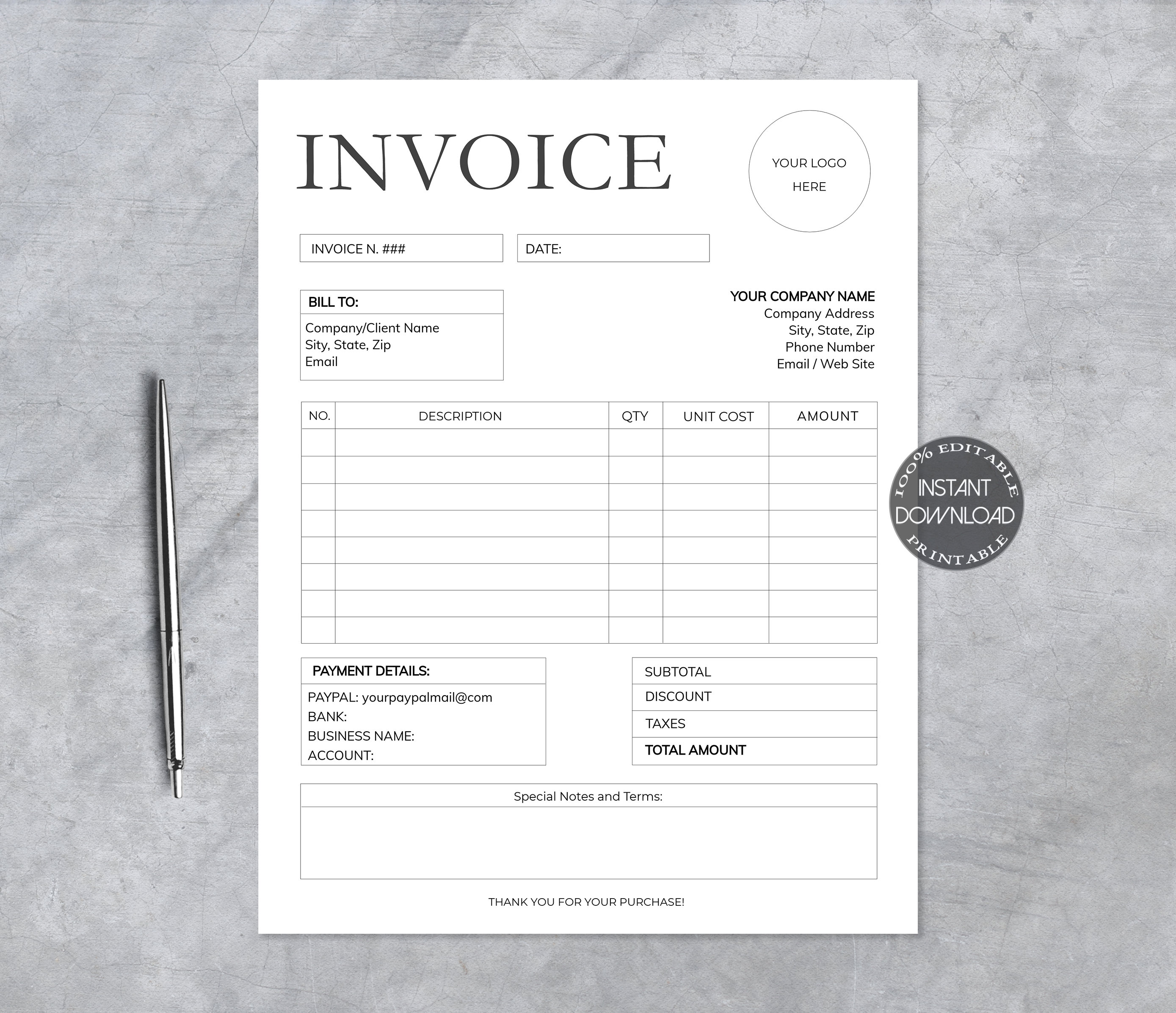 Invoice Template Editable Order Form Printable Invoice Etsy