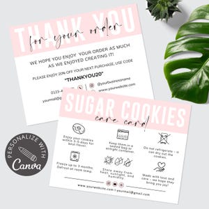 Verzorgingskaart suikerkoekjes | Canva-sjabloon met onderhoudsgids voor cookies | Bakkerijsjablonen | Bestelbijsluiter | Onderhoudsinstructies | Bedankkaarten