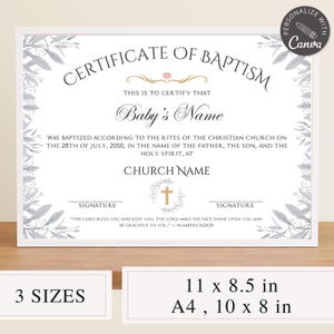 Plantilla de certificado de bautismo editable en Canva / Formulario de bautismo de bebé personalizable / Recuerdo de bautismo de iglesia imprimible