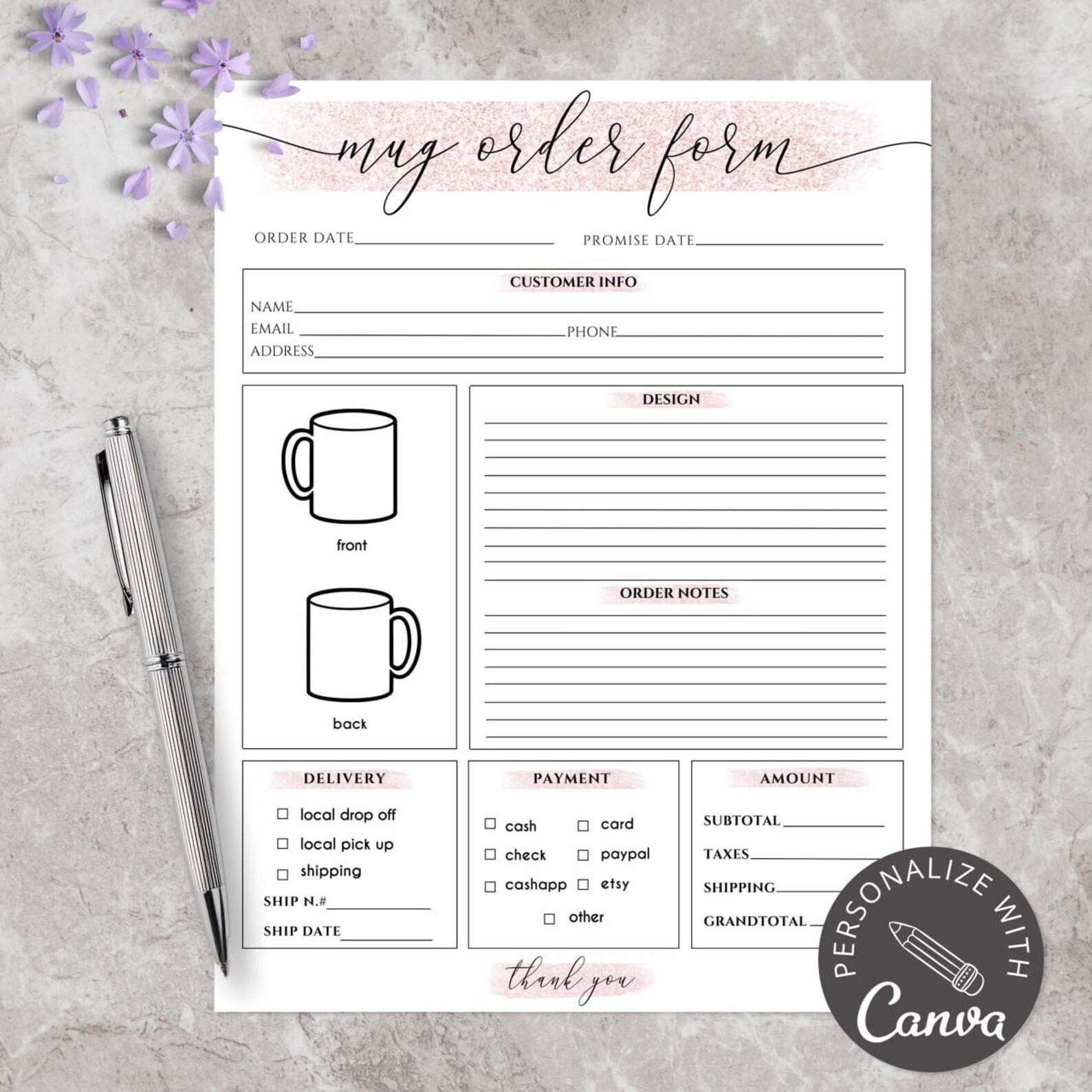Mug Order Form Template | Editable Canva Cup Order Sheet Small Business ...