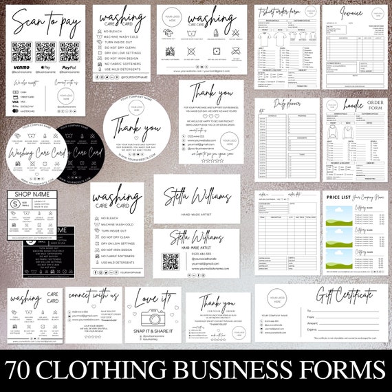 Clothing Business Bundle, Editable Canva Template, Invoice Template, Order Form, Washing Care Card, Scan to Pay,  Price List, Clothing Label
