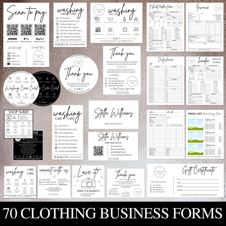 clothing business bundle, clothing labels, daily planner, gift certificate, business cards, care instructions, tshirt order form, washing instructions,  invoice template, Price List, Qr Code Sign