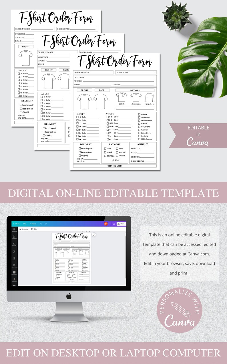 Tshirt Order Form - Canva Editable Template, Printable Etsy Shop Order ...