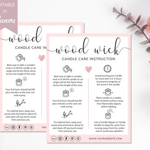May include: Two pink and white printable cards with instructions for candle care. The cards feature illustrations of candles and text that reads "wood candle care in" and "wood wick candle care instruction". The text includes tips on how to light, trim, and burn wooden wicks.