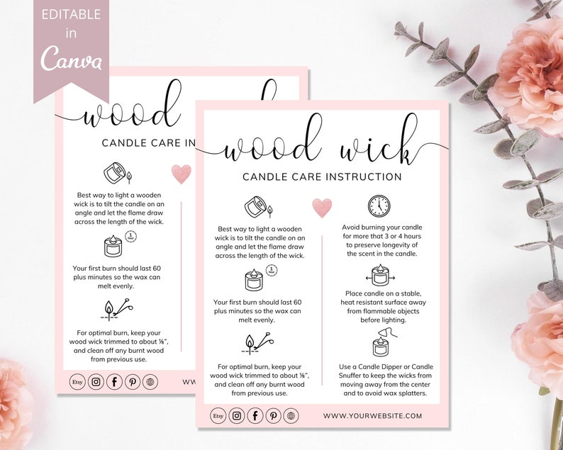 May include: Two pink and white printable cards with instructions for candle care. The cards feature illustrations of candles and text that reads "wood candle care in" and "wood wick candle care instruction". The text includes tips on how to light, trim, and burn wooden wicks.