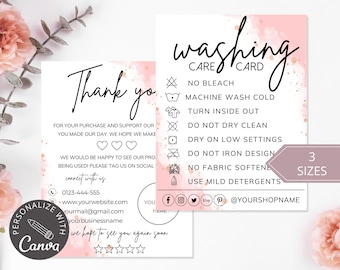 Tarjeta de instrucciones de lavado I Plantilla editable de Canva I Tarjeta de inserción de camiseta de la tienda Etsy I Inserción de empaque imprimible I Tarjeta de presentación pequeña