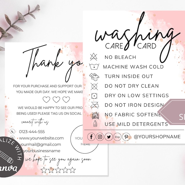 Washing Instructions Care Card I Editable Canva Template I Etsy Shop Tshirt Insert Card I Printable Packaging Insert I Small Business Card