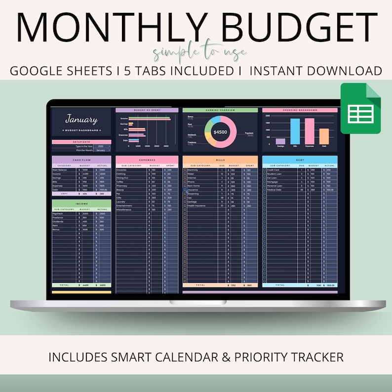 May include: A laptop screen displaying a digital monthly budget template. The template includes sections for income, expenses, and bills, with charts and graphs. Text on the screen reads "MONTHLY BUDGET" and "simple to use". The template is designed for Google Sheets.