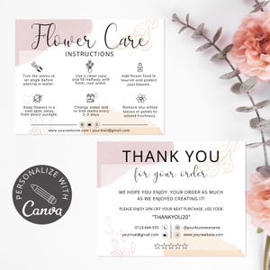 Tarjeta de cuidado de flores editable/Plantilla de Canva para agradecimientos de floristería, plantar flores recién cortadas, instrucciones de cuidado imprimibles para la entrega de flores