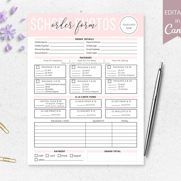 School Photography Preschool Photos Order Form, Printable Photography Order Forms, Photo Invoice, 100% Editable Template. DTP-004