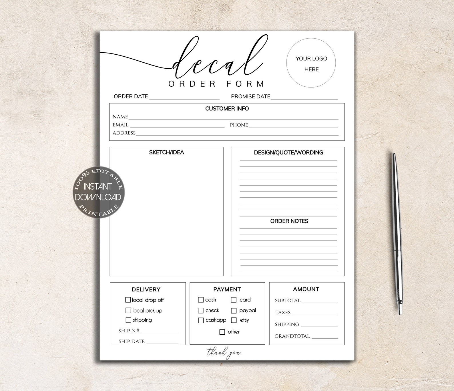 Decal Order Form Template Editable Small Business Forms Etsy