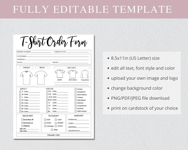 Tshirt Order Form - Canva Editable Template, Printable Etsy Shop Order ...