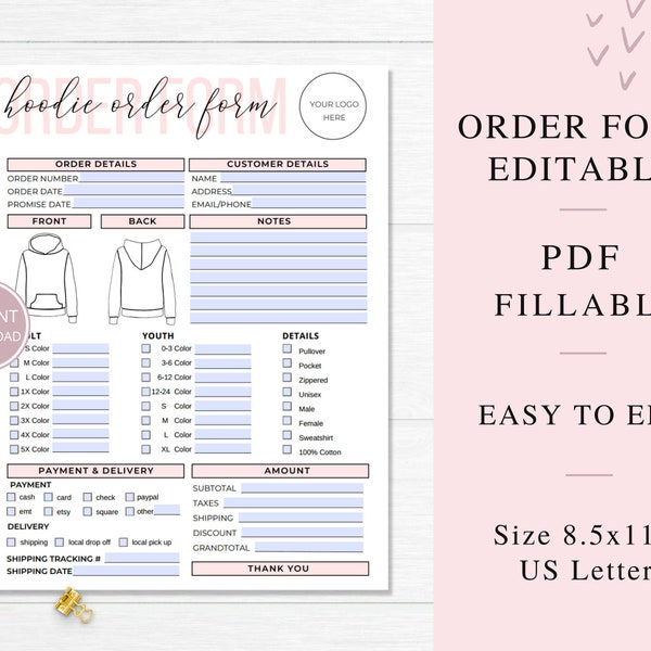 Fillable Hoodie Order Form Editable, Printable Shirt Order Form, Editable Small Business Order Forms PDF, Business Printables. PDF-001