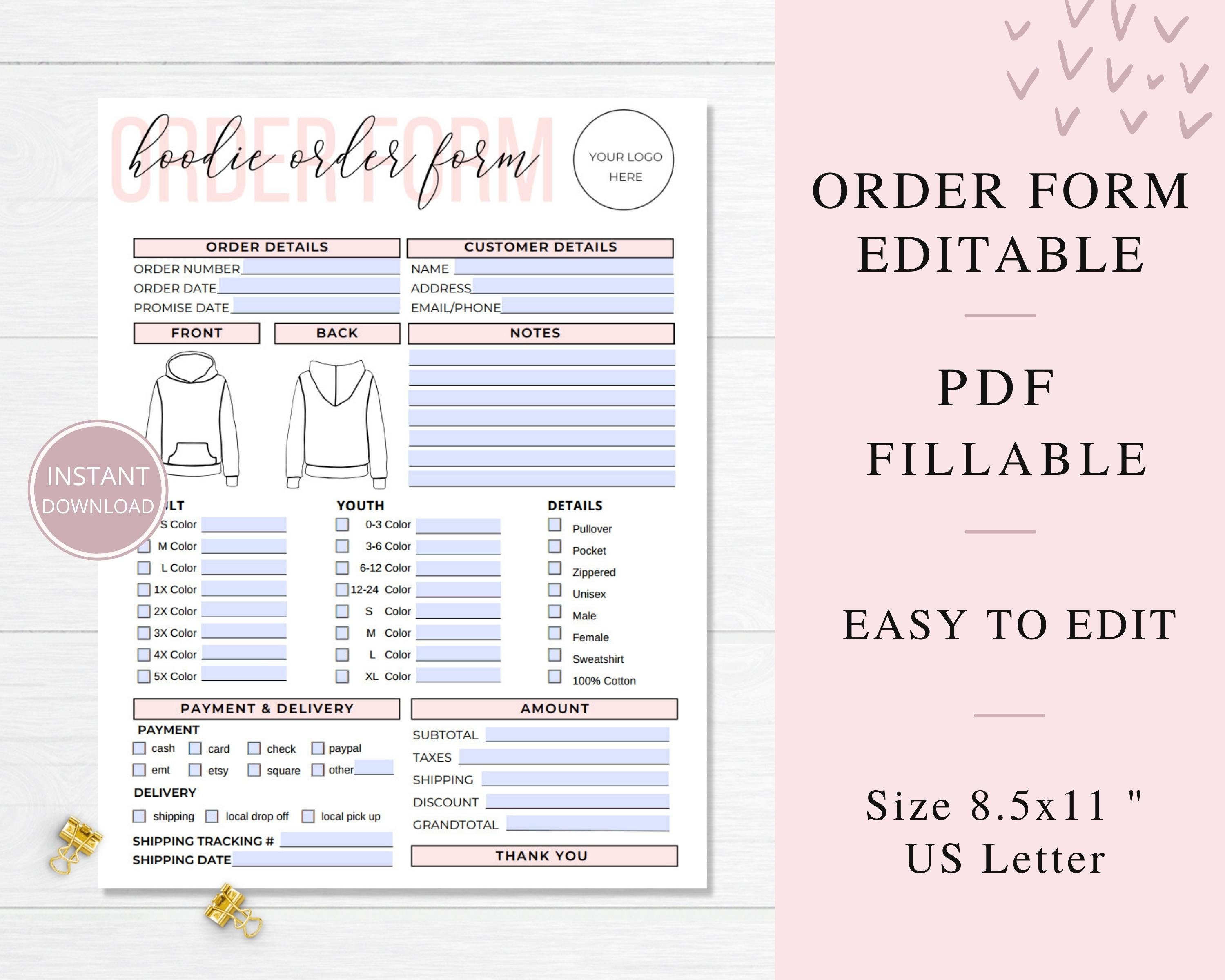 fillable hoodie order form editable, printable shirt order form
