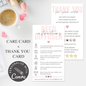 May include: Pink and white care card with instructions for a reed diffuser. The card includes a thank you message and social media icons. The text on the card reads "Reed diffuser instructions", "Be happy to see our product being used!", "Name #hashtag", "Your order? We're very grateful for your review!" and "www.yourwebsite.com | yourmail@gmail.com".