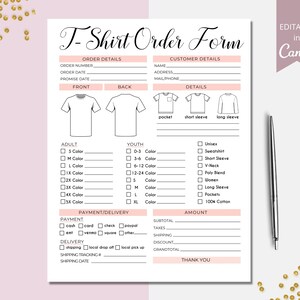 Plantilla de formulario de pedido de camiseta I Plantilla editable de Canva I Formulario de pedido de Crafters Business / Recibo de formulario de pedido de Canva / Formulario de pedido imprimible