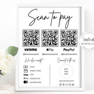Qr-Code-Zeichen für kleine Unternehmen I Canva-Vorlage bearbeitbar, Scan-To-Pay-Vorlage, Venmo-Zahlungszeichen für kleine Unternehmen, benutzerdefiniertes Geschäftszeichen