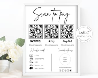 Signo de código Qr para pequeñas empresas I Plantilla Canva editable, plantilla de escaneo para pagar, signo de pago Venmo para pequeñas empresas, signo comercial personalizado