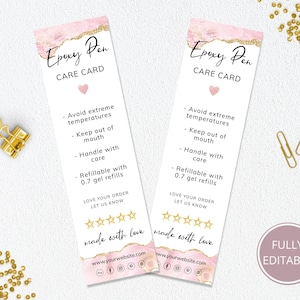 Editable Epoxy Pen Care Card Template, Printable Pens Care Instructions, Small Business Care Card, Custom Care Cards Instructions. DTP-030