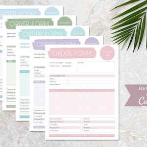 Puede incluir: Cuatro formularios de pedido con fondos de color pastel. Los formularios están etiquetados como "Formulario de pedido" e incluyen campos para la información del cliente, los detalles del pedido y la información de envío. Los formularios son editables en Canva.