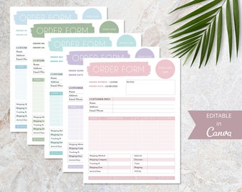 May include: Four order forms with pastel colored backgrounds. The forms are labeled "Order Form" and include fields for customer information, order details, and shipping information. The forms are editable in Canva.