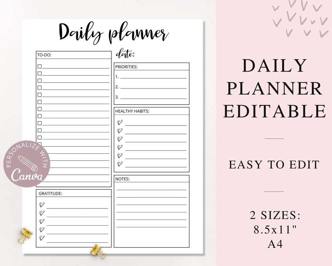 Editable Daily Planner, ADHD Day Planner Printable, Canva Template ...