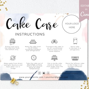 Cake Care Card Template, Canva Editable Wedding Cake Care Cards, Printable Cake Care Guide, Cake Instructions, Instant Download. DTP-031