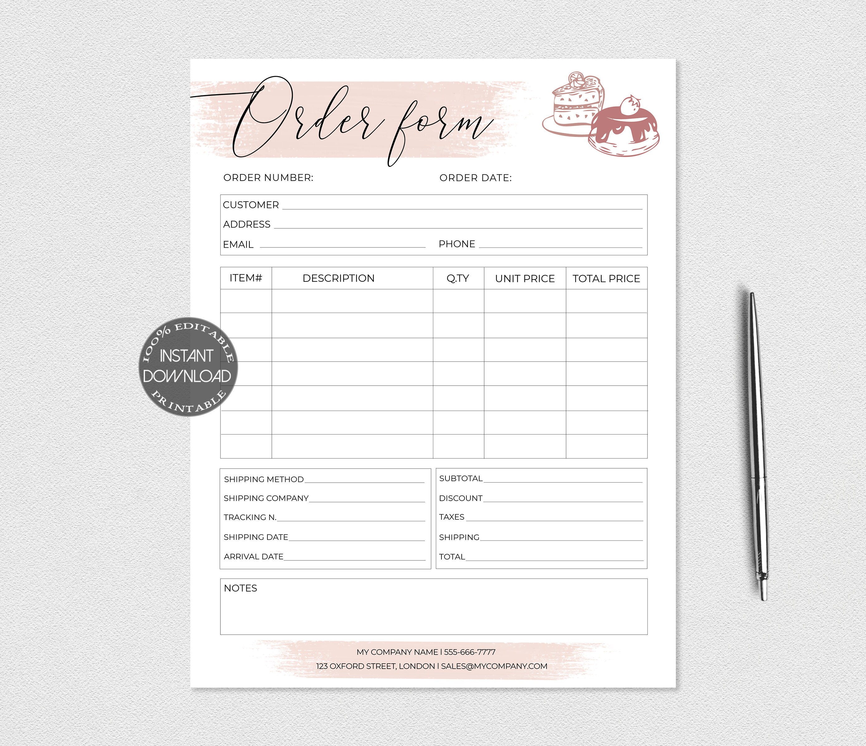 cake order form template, craft business bakery order form, small
