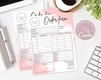 May include: A pink and white order form with gold glitter accents. The form includes sections for customer information, order details, shipping information, and notes. The text "No. Joo. La... Order form" is at the top of the form.
