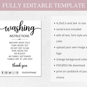 Washing Instructions Care Card, Canva Editable Template, Printable Clothing Packaging Insert, Small Business image 5